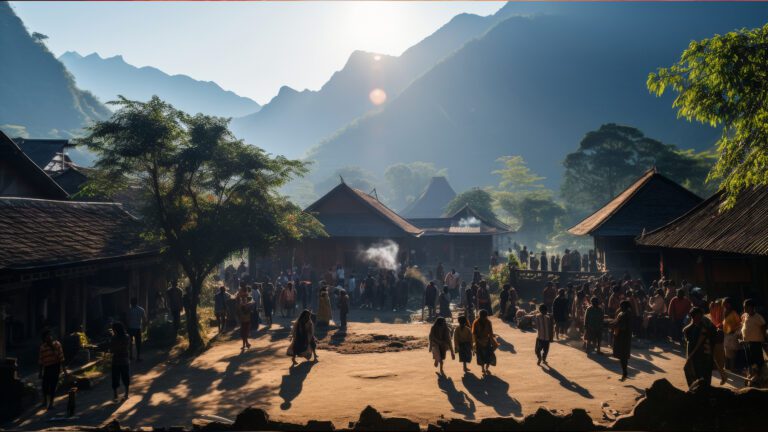 wide shot of mountain village with people roaming around the village and mountains in the background