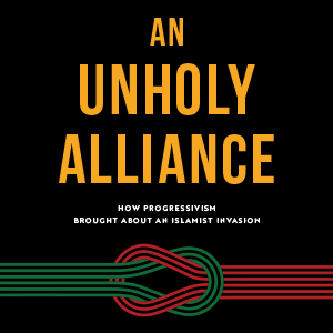 Book cover titled Unholy Alliance in bold yellow text with matte black background and interwoven green and red cords bellow the text.