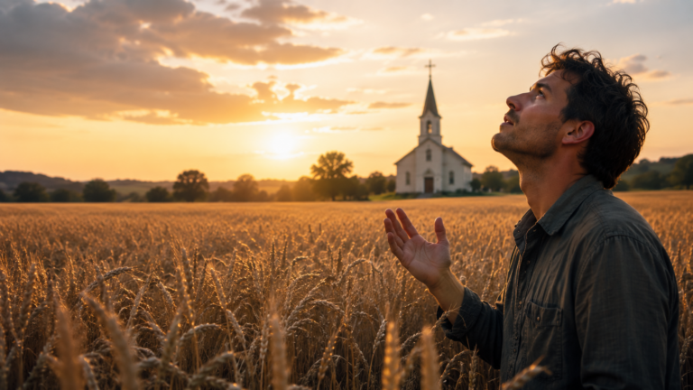 Man standing in a field of wheat, looking up at the sky, with the sun setting behind him