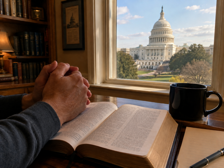 Person praying over an open bible with the washington capitol skyline visible out a window next to them.